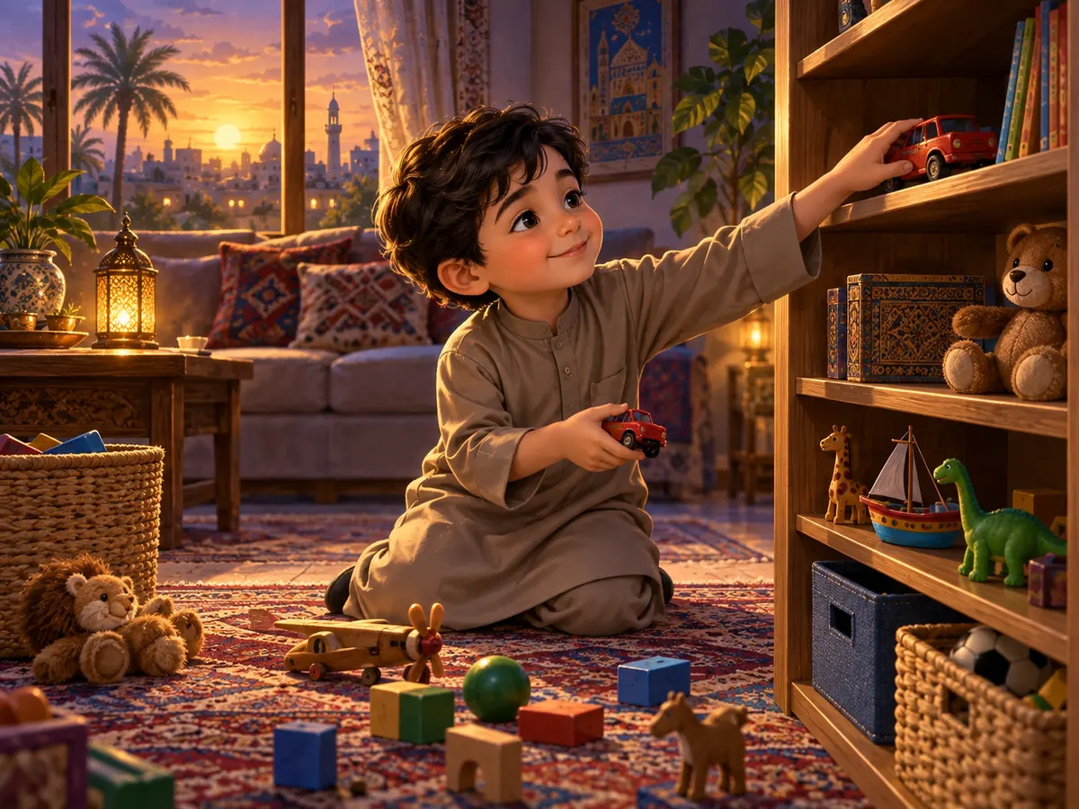 رسم لطفل في حكاية يرتب ألعابه ويساعد في المنزل