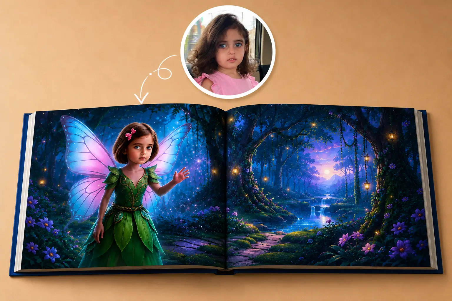 مثال على قصة مخصصة: تحويل صورة طفلة حقيقية إلى شخصية جنية داخل غابة سحرية في كتاب BOBO Story